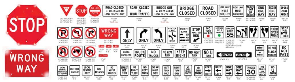 Collection of solar regulatory signs for road safety.